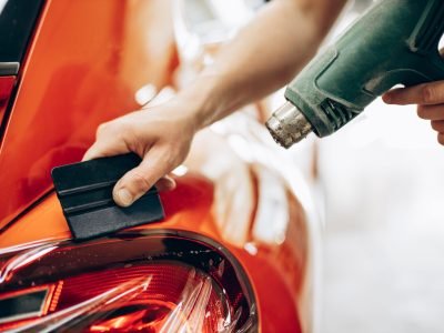 Car wrapping with foil and drying with fan at car service